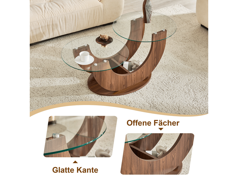  Table basse avec rangement compartiments pratiques plateaux en verre trempé structure en mdf aspect noyer lot de deux plateaux  - Conforama E