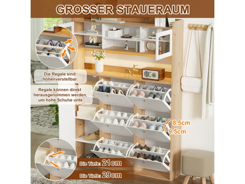  Meuble à chaussures blanc et naturel, 130 × 25 × 180 cm, panneau de particules, avec 1 porte, éclairage led, éléments en verre  - Conforama C