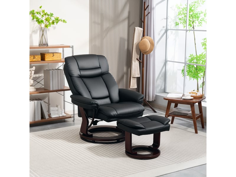  Fauteuil inclinable avec repose-pieds, fauteuil réglable, revêtement en similicuir, fauteuil rembourré avec dossier rabattable, noir  - Conforama D