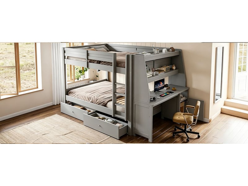  Lit superposé 140 x 200 cm armoire latérale intégrée position réversible gauche ou droite bureau intégré compartiment de rangement tiroirs intégrés rangement supplémentaire coloris gris  - Conforama B