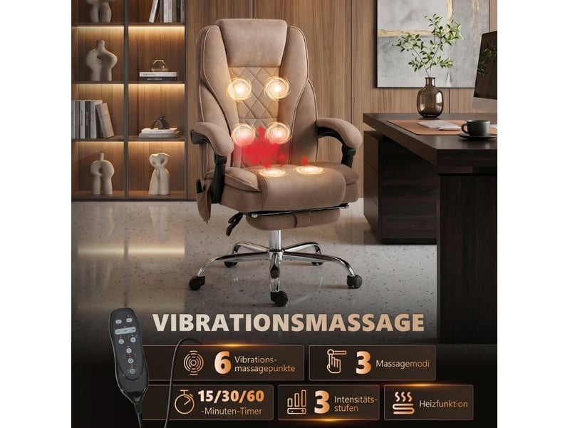  Fauteuil de bureau ergonomique marron avec massage, chauffage lombaire, repose-pieds, pivotant et à roulettes  - Conforama D