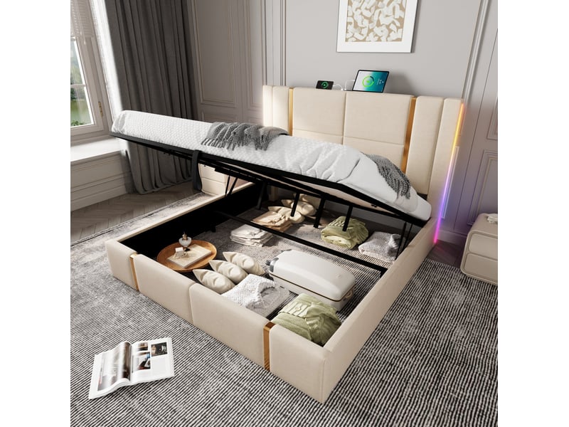 Lit coffre double 180x200 cm avec led rgb, usb-c, sommier à lattes beige - Conforama E