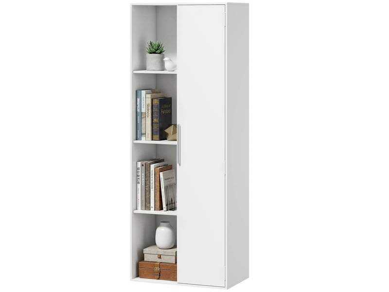  Bibliothèque à 4 niveaux avec étagères réglables, meuble de rangement avec placard et portes pour salon ou bureau, blanc  - Conforama B