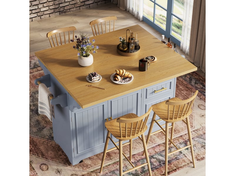 Desserte de cuisine à roulettes avec 2 portes, 3 tiroirs et plateaux rabattables en mdf bleu 120 × 40 × 95 cm  - Conforama D