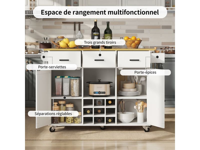 Chariot de service - truxen8 - plateau pliable - rangement multifonctionnel - blanc  - Conforama E