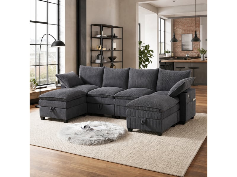 Canapé d'angle modulaire avec rangements, usb et porte-gobelets, en velours côtelé gris, 280 × 152 × 83 cm - Conforama B