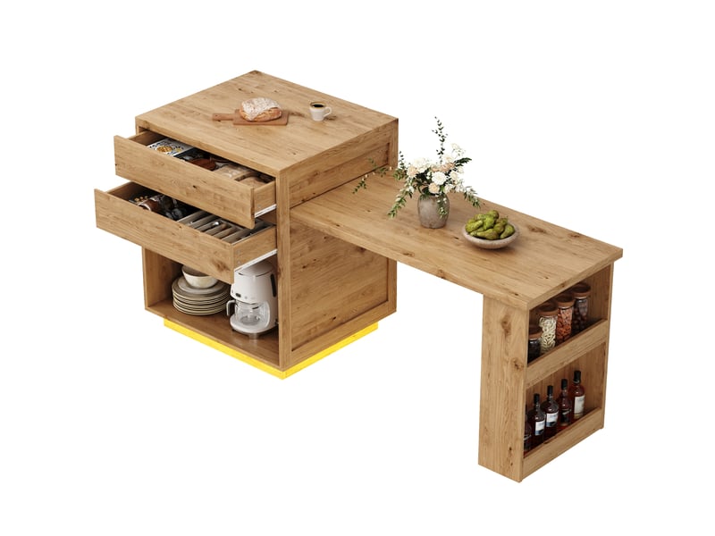 Îlot de cuisine extensible 122-194.5x70x94 cm avec 4 tiroirs, mdf naturel - Conforama A