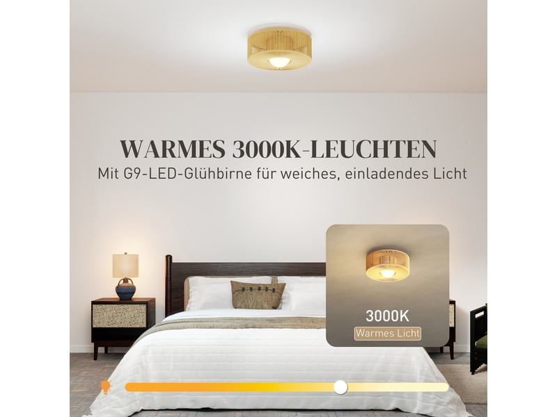  Plafonnier de style bohème, suspendu avec douille led g9, abat-jour rond en corde de chanvre  - Conforama E