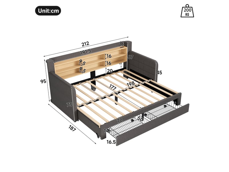  Canapé-lit 90 x 200 cm - avec lit gigogne - avec éclairage led - avec 2 tiroirs - tissu velours - gris (matelas non inclus)  - Conforama C