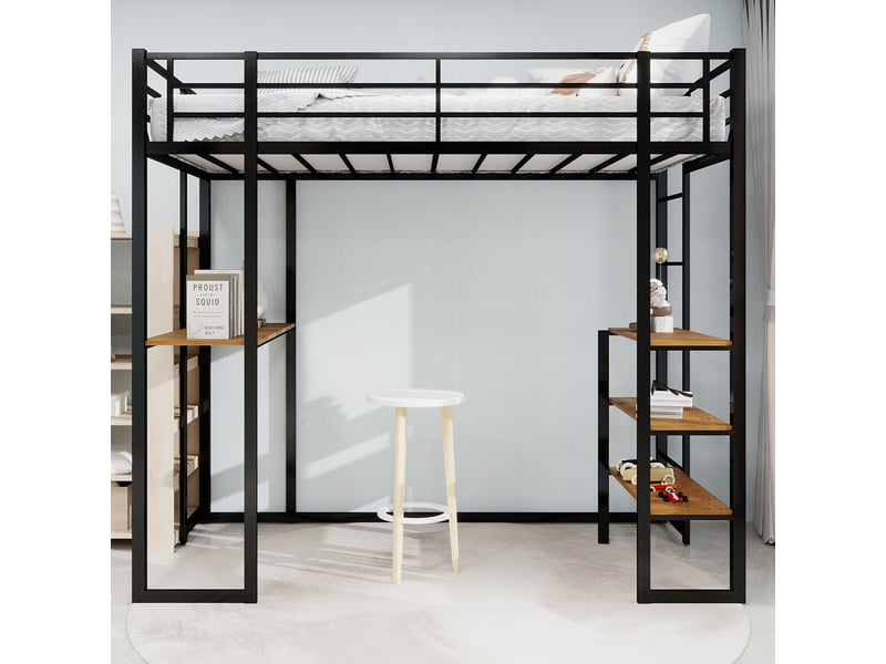 Lit mezzanine métal avec bureau intégré - 3 étagères de rangement, garde-corps 360° 33cm - gain de place - noir CYQ-W3301S00015 - Conforama W