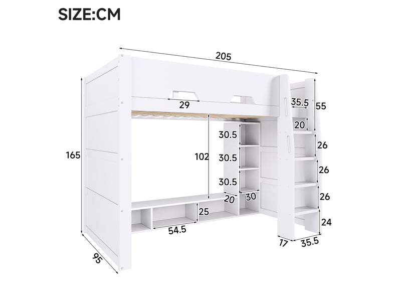 Lit mezzanine enfant 90x200cm avec rangements intégrés, armoires et étagères ouvertes, éclairage led, échelle et barrières de sécurité, mdf - blanc - Conforama C