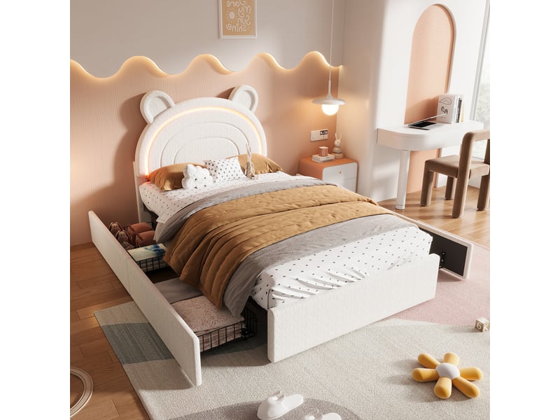  Lit enfant rembourré 90 × 200 cm 1 place avec 4 tiroirs et led réglable par application, sans matelas, beige velours  - Conforama C
