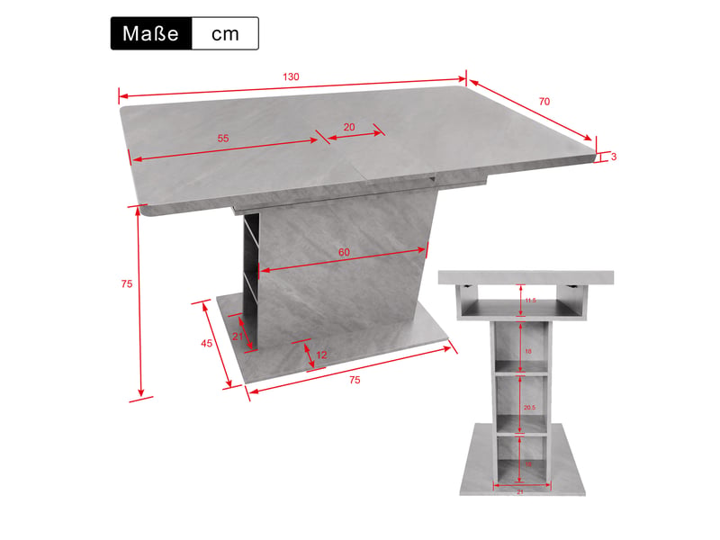 Table à manger extensible avec rangement intégré, 110130 x 70 x 75 cm, panneau de particules, gris - Conforama C