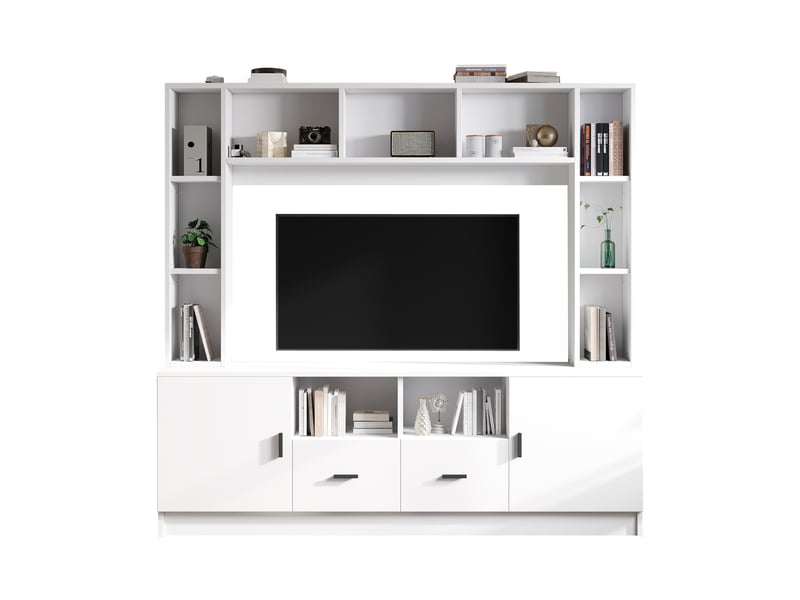  Meuble tv blanc avec 2 portes et 2 tiroirs, rangement multifonction en panneau de particules  - Conforama W