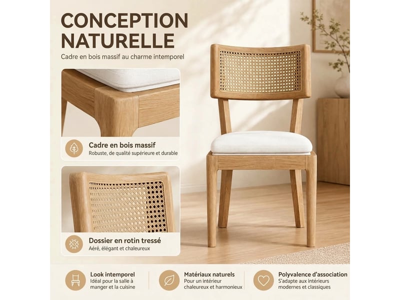 Lot de 2 chaises de salle à manger en bois massif avec dossier en rotin et coussin en lin - Conforama C