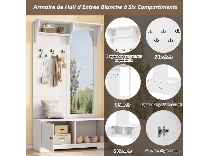  Vestiaire d’entrée blanc avec miroir, banc, 5 patères, 2 portes, 100 x 40 x 180 cm  - Conforama E