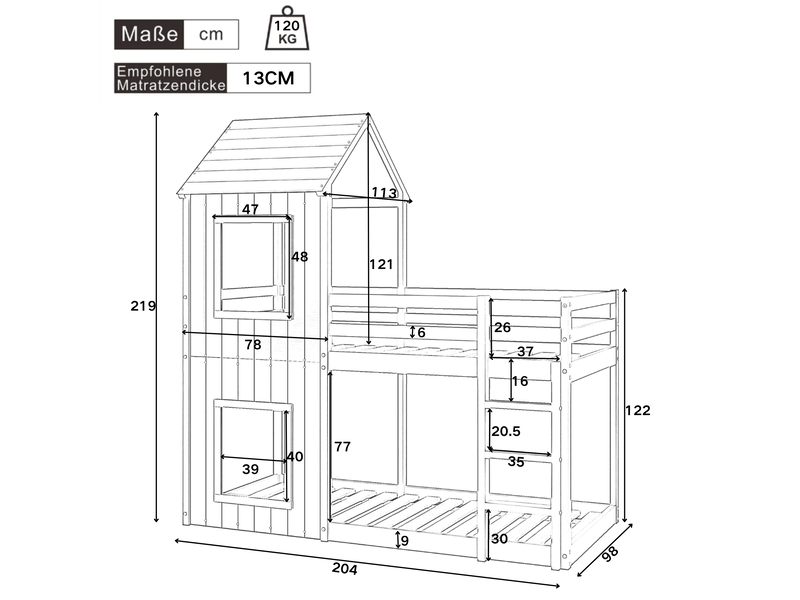  Modenvie lit enfant cabane 90x200 cm - structure en pin massif, avec barrière de sécurité - gris  - Conforama C