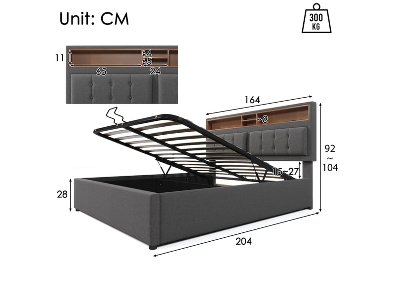  Lit double 160x200 cm avec tête de lit réglable, ports usb et type-c, rangement, lin, gris avec matelas  - Conforama C