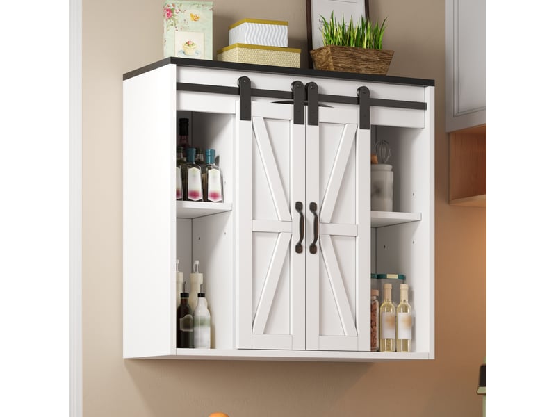  Buffet de cuisine - 80x31x76cm - meuble haut, armoire murale 2 portes coulissantes de grange, étagères &amp; crochets - blanc  - Conforama C