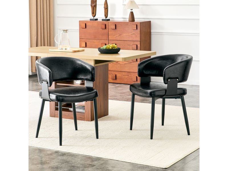  Chaise de salle à manger chaise de cuisine cuir synthétique style mid-century moderne lot de 2 pièces fauteuils rétro accoudoirs tonneau dossier à motif pieds stables  - Conforama B