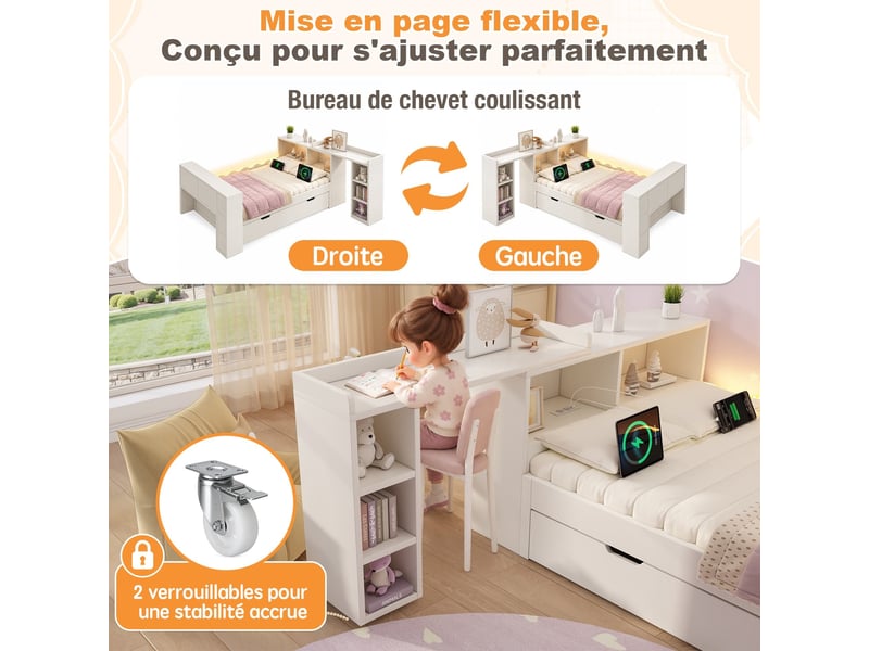 Lit gigogne, 140x200 cm, lit en bois avec éclairage led et bureau coulissant, tête de lit modulable avec compartiments, blanc - Conforama E