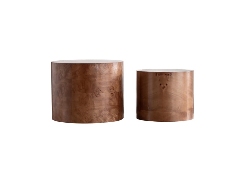  Lot de 2 tables basses gigognes - ø48x38cm et ø38x32cm - tables rondes tambour en bois motif loupe salon - marron  - Conforama A