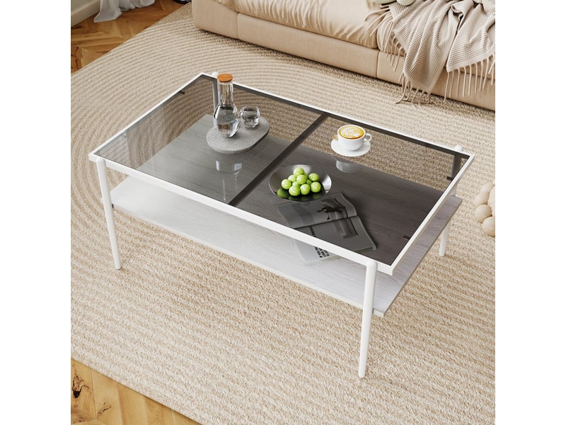  Table basse rectangulaire en verre trempé 97,5 x 61,5 x 45 cm, gris et blanc  - Conforama D