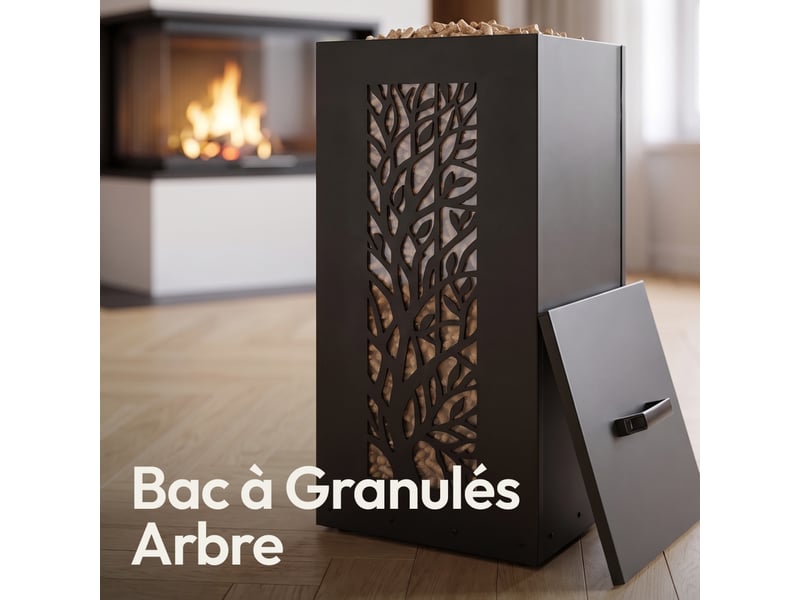 Casabel réservoir pellets & granulés avec roulettes, cap. 45kg, métal noir, niveau visible, motif arbre - Conforama C