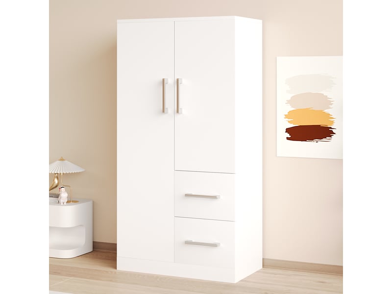 Armoire enfant 70×40×135 cm blanche, 2 portes, avec tiroirs et compartiments de rangement, armoire individuelle - Conforama D