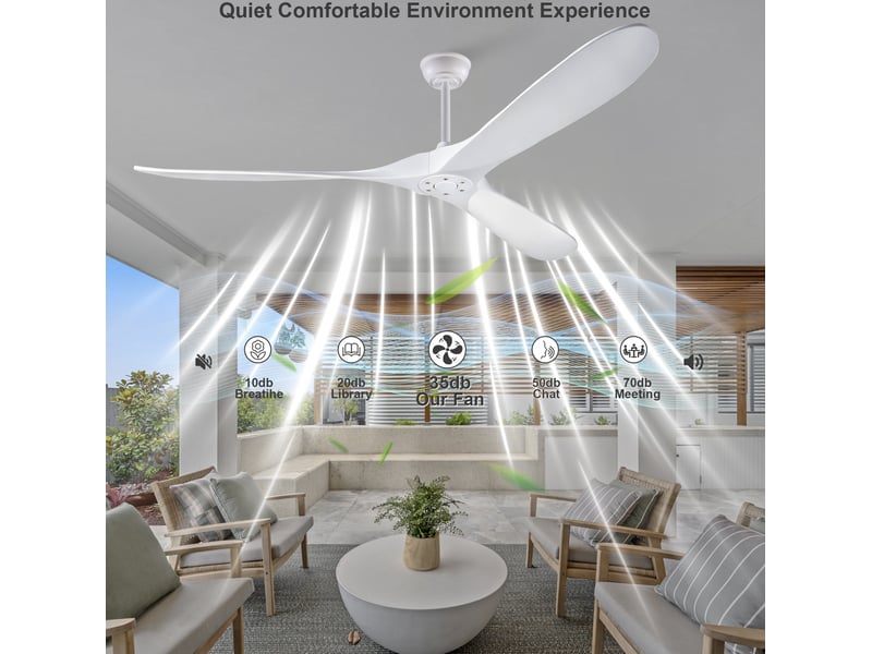 Ventilateur de plafond 176 x 176 cm blanc métal et bois, 3 pales réversibles, télécommande sans éclairage - Conforama E