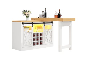 Îlot de cuisine extensible 120-197 x 40 x 72 cm, portes coulissantes vitrées et éclairage led rgb, blanc, en mdf robuste