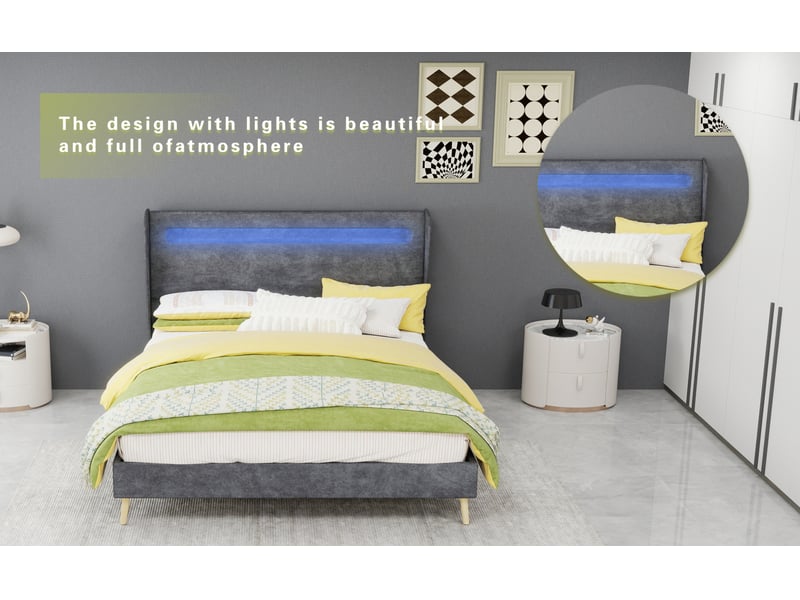  Lit adulte 140x200 cm en tissu gris avec tête de lit led réglable  - Conforama R
