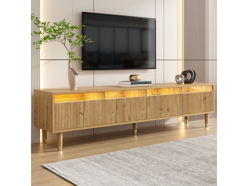  Meuble tv bas 178x35x45cm avec passe-câbles rangement | design minimaliste effet bois et façades acrylique | 4 tiroirs charge 50kg - bois naturel  - Conforama C