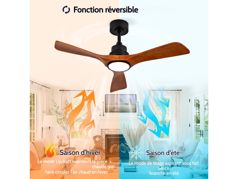 Ventilateur de plafond 107 cm avec lumière, pales en bois massif - moteur dc silencieux réversible, double commande pour chambre et salon - Conforama B