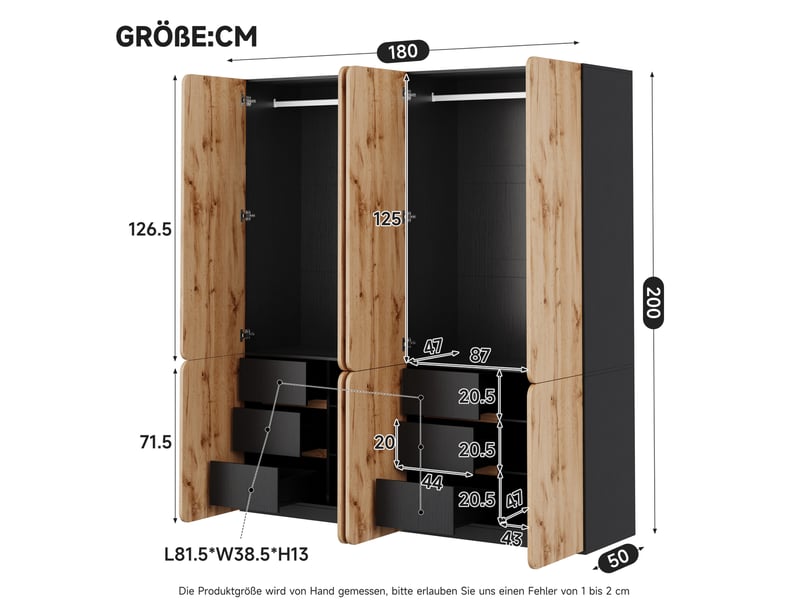  Armoire modenvie 8 portes 180 x 50 x 200 cm avec 6 tiroirs et 2 tringles décor chêne artisan  - Conforama C