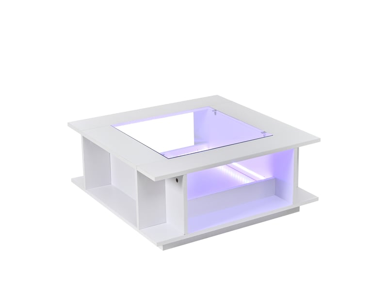  Table basse, avec éclairage led, avec rangement intégré, 70 x 70 x h 30 cm, blanc, plateau en verre trempé, structure en panneau de particules Luxe haut de gamme - Conforama A