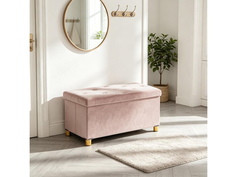  Banc de rangement pliable - 76 x 38 x 38 cm - rose - bout de lit capitonné de 67 l avec coffre et pieds en bois d'hévéa  - Conforama E