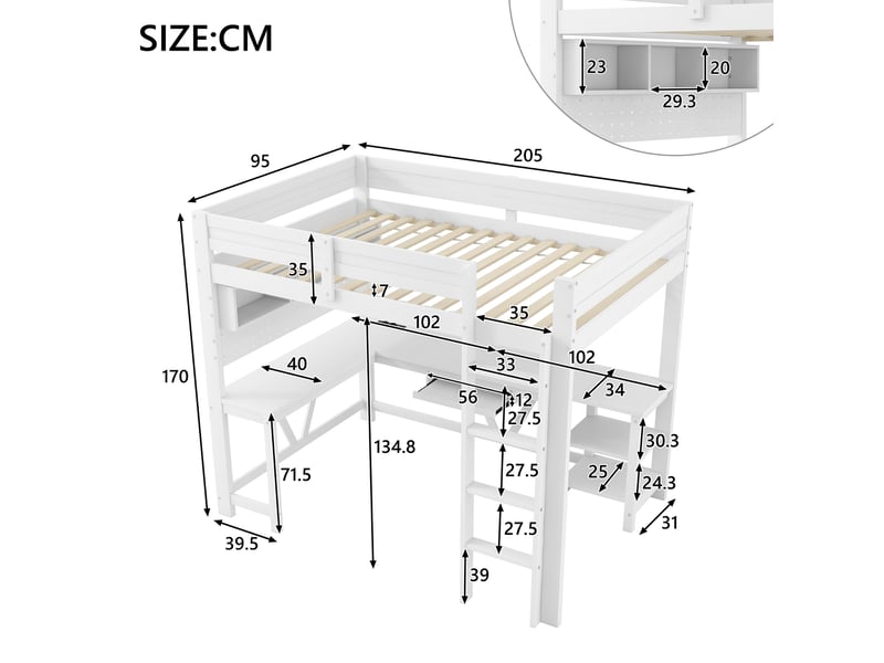  Lit mezzanine gaming 90x200 cm blanc, avec bureau, rangements, led 7 couleurs, 2 prises, 2 usb, sommier inclus, sans matelas  - Conforama C