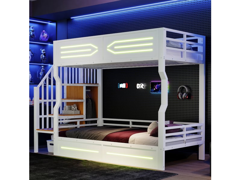Lit mezzanine 90x200 cm avec rangement, escalier, lit enfant avec led et garde-corps haut, métal+mdf, blanc sans matelas - Conforama D