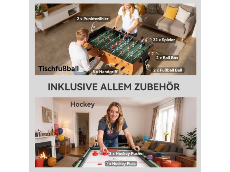  Table de jeu 5 en 1, baby-foot, hockey, ping-pong, billard, basket, 53 accessoires, noyer  - Conforama E