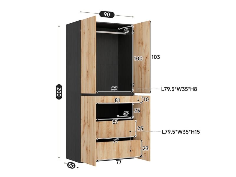 Armoire chambre 90x50x200 cm, pour chambre dressing couloir bureau, 4 portes 3 tiroirs dont 1 tiroir à bijoux, en mdf, bois - Conforama E