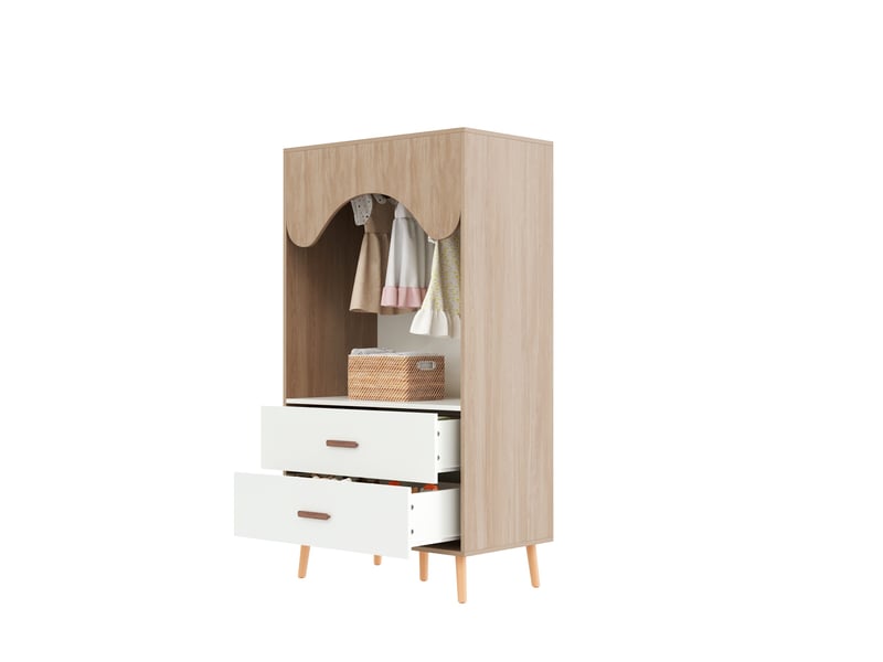  Armoire ouverte avec tringle et 2 tiroirs pour chambre d'enfant, en mdf blanc et bois naturel, 80 × 46 × 141,5 cm  - Conforama A