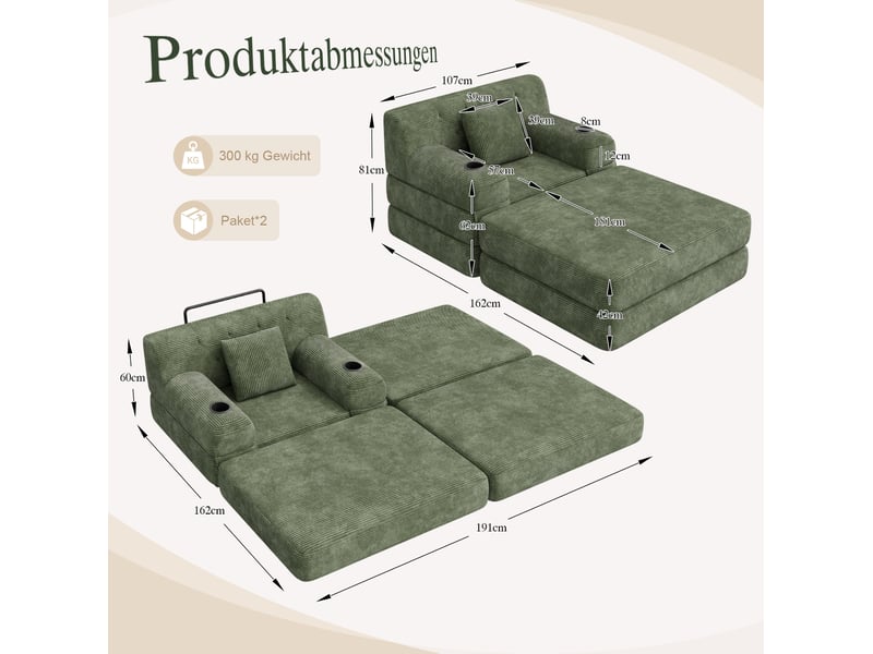 Canapé droit 1 place en cord vert avec pouf, fonction couchage, dossier haut, 2 porte-gobelets et 4 poches latérales  - Conforama C