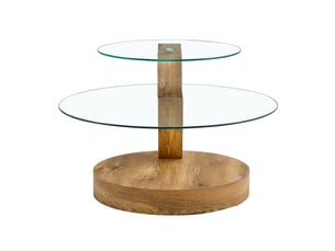 Table basse ronde à double plateau avec rangement - verre trempé, mdf décor bois - transparent