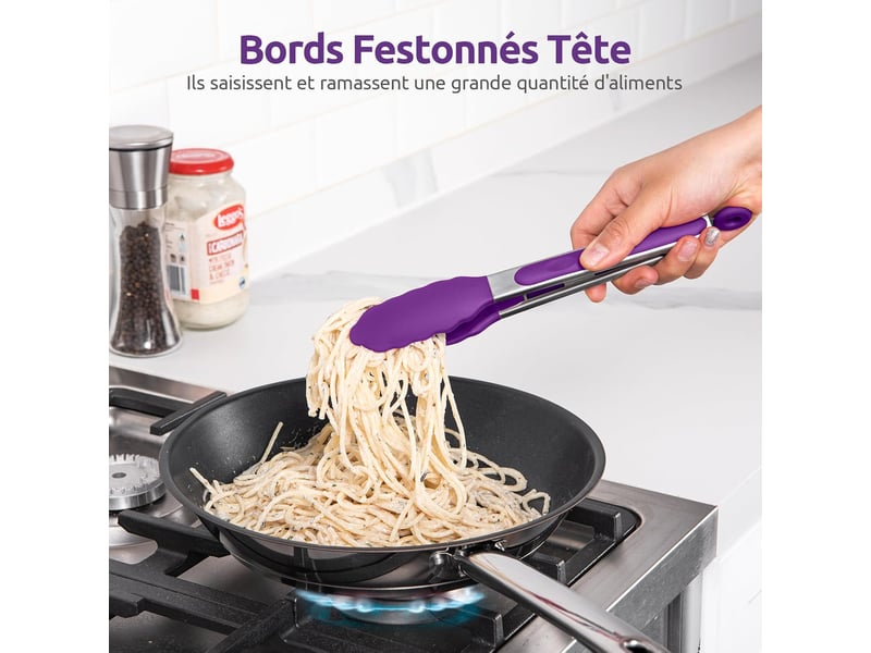  Pince de cuisine en silicone résistant à la chaleur avec embouts en caoutchouc scellés et poignée en acier revêtue de silicone pour servir (violet) No Commercial reference - Conforama D