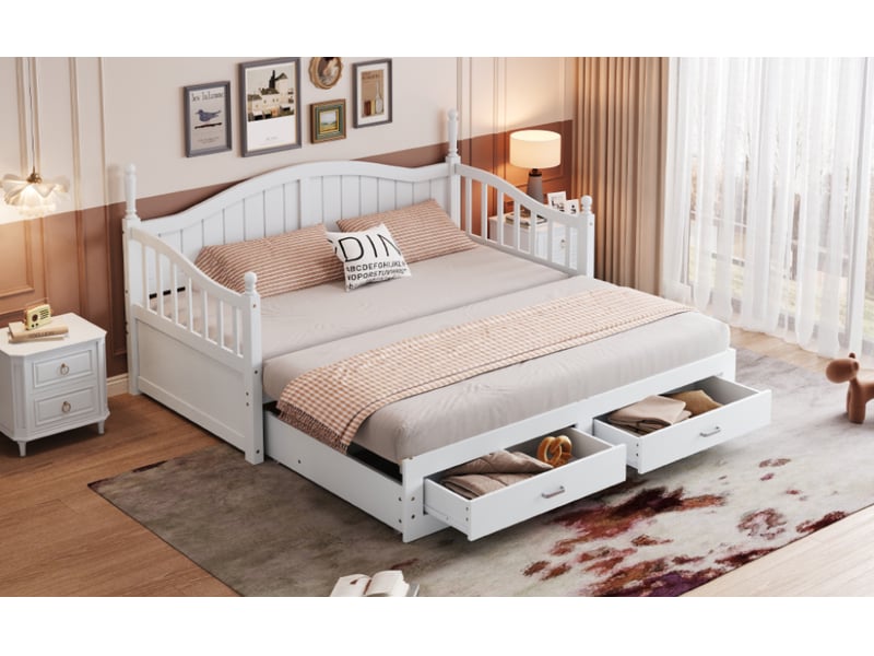  Lit gigogne 2 places 90180x190 cm, canapé-lit convertible en bois massif avec tiroirs et sommier, lit double en pin, blanc  - Conforama E
