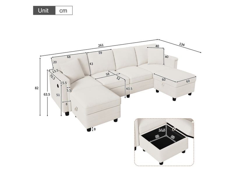  Canapé d'angle moderne ,4 places, avec 2 tabourets de rangement et 2 coussins décoratifs ,261 × 134 × 82 cm,beige  - Conforama C