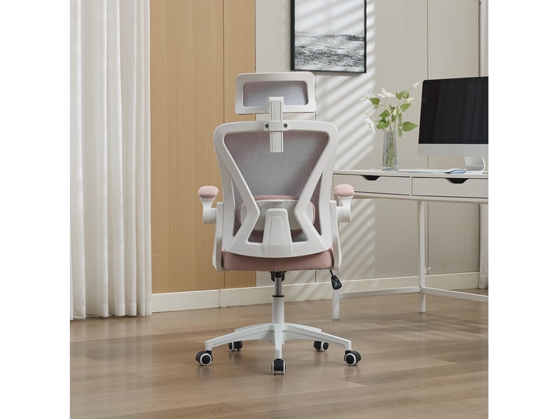  Chaise de bureau ergonomique rose en maille, avec soutien lombaire, appui-tête et accoudoirs réglables  - Conforama E