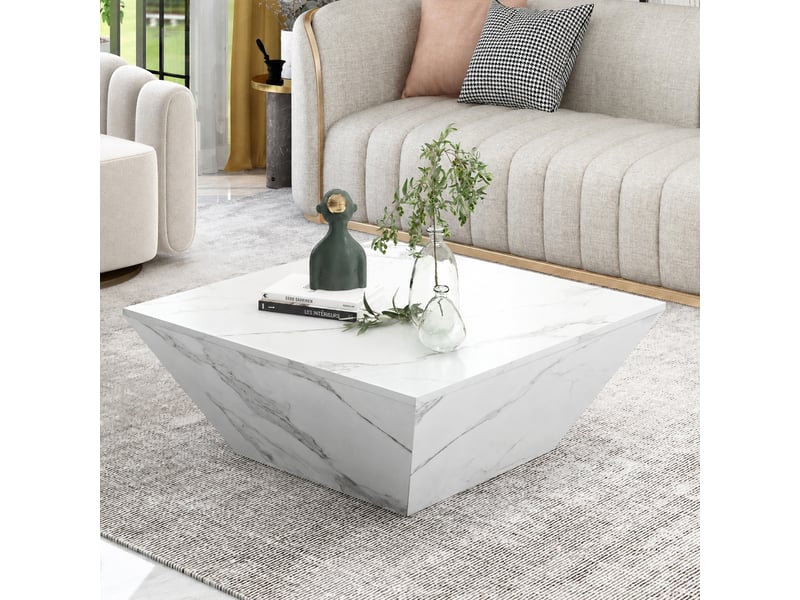  Table basse blanche effet marbre, trapézoïdale, 2 tiroirs, 70 x 70 x 37 cm, blanc  - Conforama E
