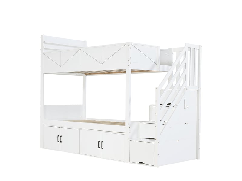  Lit superposé 90x200cm - lit simple enfant avec escalier, placards sous le lit, barrière de sécurité et étagère à livres - blanc  - Conforama A